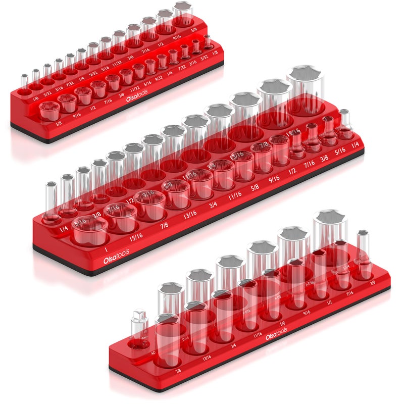Olsa Tools Magnetic Socket Organizers | 3 Piece Set Socket Holder Kit | 1/2-Inch  3/8-Inch  & 1/4-Inch Drive | SAE Red | Holds 68 Sockets | Professional Quality Tools Organizer Part 1150 - Image 1